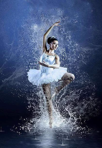 Andreea as a ballerina in a white tutu, dancing through a burst of water