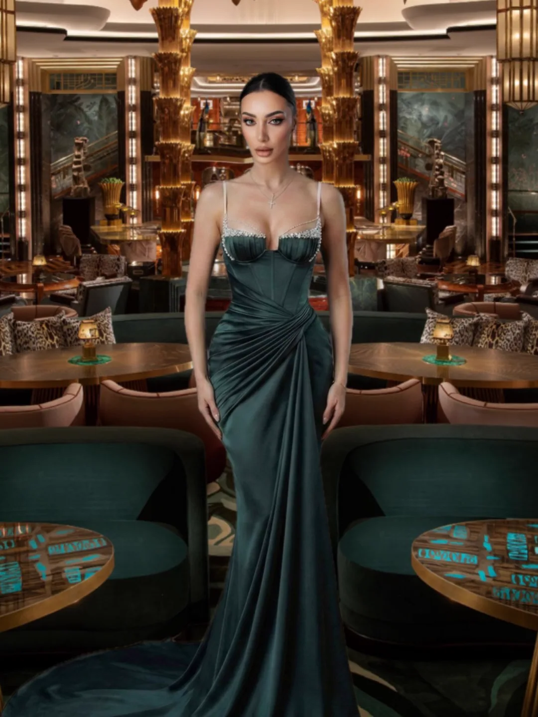 Andreea Mateescu in an emerald evening gown, Las Vegas